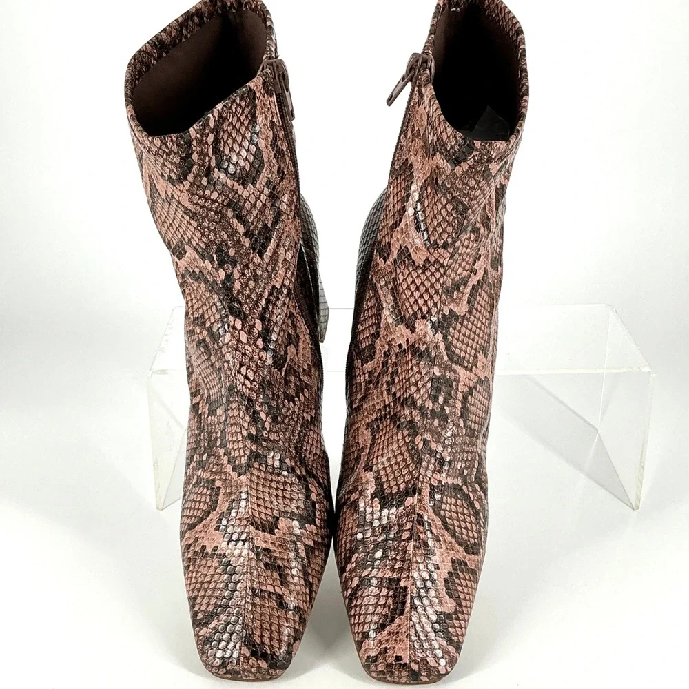 Steve Madden Size 9 Snakeskin‎ Print Ankle Boots Square Toe Block Heel Brown Tan